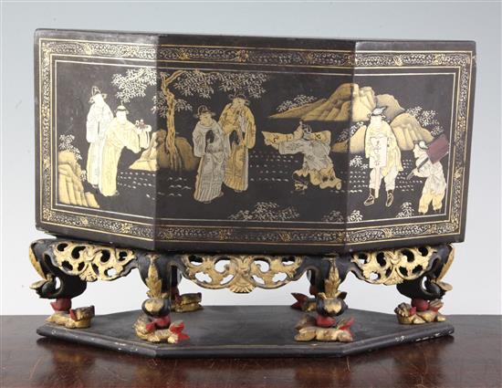 A Chinese gilt-decorated black lacquer portable altar stand, late 19th century, length 33.5cm